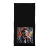 Luxury bath towel featuring audio-themed pattern for music enthusiasts